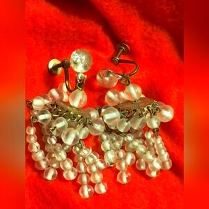 1960s Vintage Gold Chandelier Earrings with Whittish/ Clear Beads & Gold Accents